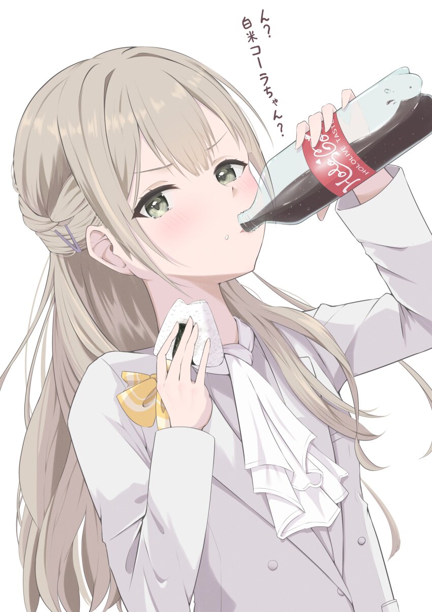 absurdres ascot asymmetrical_hair bow double-parted_bangs drinking food formal_clothes hanazono_sayaka highres hololive jacket lapels medium_skirt notched_lapels onigiri rana_0628 skirt straight-on suit suit_jacket virtual_youtuber white_ascot white_suit yellow_bow