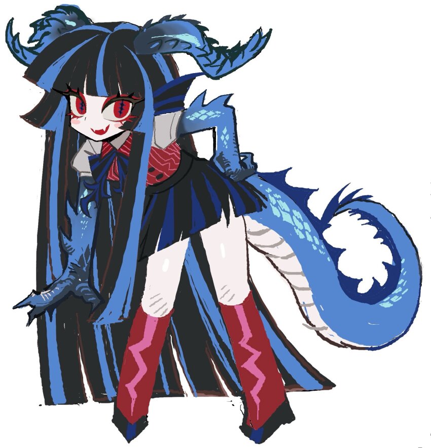 1girl animal_hands black_hair black_skirt blue_hair blunt_bangs boots claws commentary dragon_girl dragon_horns dragon_tail english_commentary fangs fins full_body grey_shirt hand_on_own_hip head_fins highres horns kakke666 long_hair looking_at_viewer monster_girl multicolored_hair original pigeon-toed red_boots red_eyes red_vest shirt simple_background skin_fangs skirt slit_pupils solo streaked_hair tail torn_clothes torn_skirt very_long_hair vest white_background