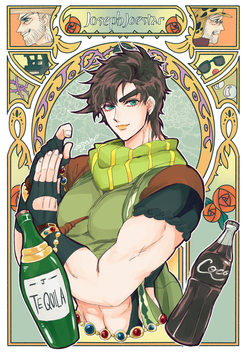 1boy abs alcohol aqua_eyes artist_name battle_tendency beard black_gloves bottle bracelet brown_hair bubble camera character_name cola facial_hair fingerless_gloves flower gloves green_scarf hermit_purple highres jewelry jojo_no_kimyou_na_bouken joseph_joestar joseph_joestar_(old) joseph_joestar_(young) kogatarou male_focus muscular official_alternate_costume plant red_flower rose scarf shizuka_joestar short_hair short_sleeves signature smile solo stand_(jojo) striped_clothes striped_scarf sunglasses tequila thick_eyebrows thorns vines