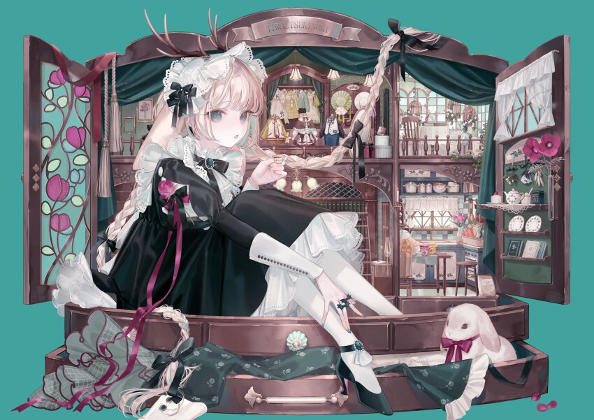 1girl :o anemone_(flower) animal_ears ankle_strap antlers aqua_background aqua_hair aqua_nails bib_collar birdcage black_bow black_bowtie black_dress black_ribbon black_shoes blonde_hair book bow bow_ring bowtie box braid brooch cage chair choppy_bangs colored_inner_hair corsage cuff_links cup curtains deer_antlers doll_house drawer dress floppy_ears flower foot_out_of_frame frilled_dress frills from_side gem gift gift_box green_gemstone hair_bow hair_flowing_over hair_ribbon hairband hanging_flower high_heels highres holding holding_cup horns in_box in_container jackalope_girl jewelry juliet_sleeves knees_to_chest knees_up ladder light_blush lolita_hairband long_hair long_sleeves looking_at_viewer mannequin medium_dress miniature multicolored_hair multiple_rings nanashi_inc. official_art pantyhose petals picture_frame pink_flower pink_ribbon pink_rose puffy_sleeves rabbit rabbit_ears ribbon ring rose shoes simple_background sitting sleeve_ribbon solo stained_glass table tassel teacup teapot test_tube tsukinoki_tirol twin_braids unworn_clothes very_long_hair virtual_youtuber white_pantyhose yoggi_(stretchmen)