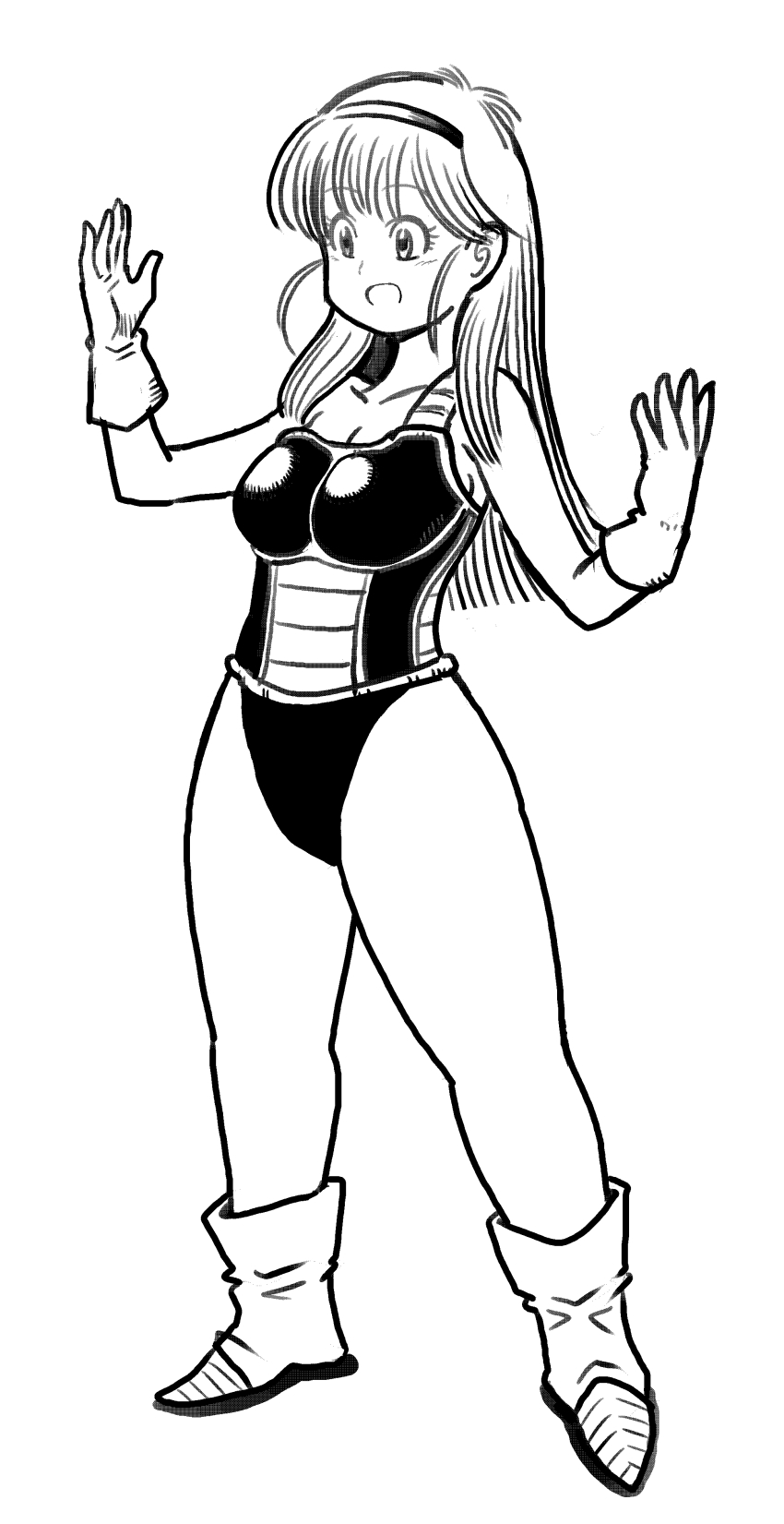 1girl :o absurdres adapted_costume armor bare_legs bare_shoulders boots breastplate breasts bulma cleavage dragon_ball dragonball_z full_body gloves hairband highleg highleg_leotard highres koutarosu leotard leotard_under_clothes long_hair medium_breasts monochrome saiyan_armor solo standing thong_leotard white_background