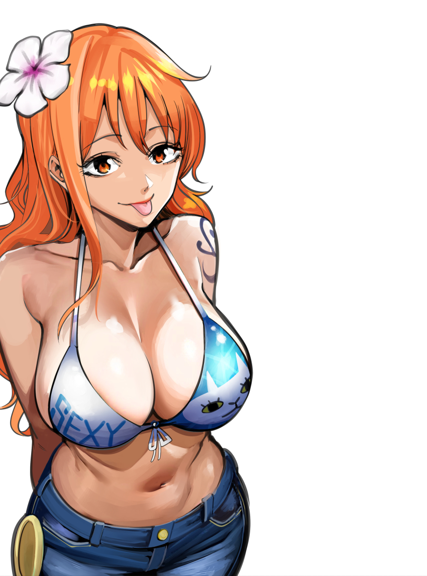 1girl absurdres adapted_costume arms_behind_back bare_shoulders bikini bikini_top_only blue_pants breasts cleavage closed_mouth collarbone commentary_request cowboy_shot curvy denim flower front-tie_bikini_top front-tie_top hair_flower hair_ornament halterneck highres jeans large_breasts long_hair looking_at_viewer nadainishi nami_(one_piece) navel one_piece one_piece_film:_gold orange_eyes orange_hair pants shiny_skin shoulder_tattoo single_sidelock solo stomach swimsuit tattoo tongue tongue_out wavy_hair white_background white_flower wide_hips