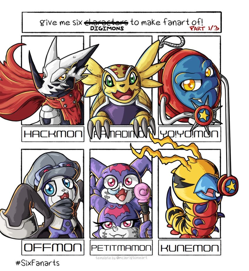 armadimon beak digimon digimon_(creature) fang hackmon_(digimon) hat highres kunemon offmon petitmamon smile yo!yo!mon yo-yo