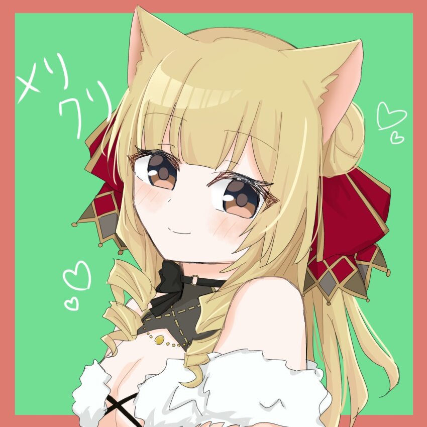 1girl animal_ears arms_at_sides assault_lily bare_shoulders black_choker black_shirt blonde_hair blunt_bangs blush border bow breasts brown_eyes cat_ears choker cleavage closed_mouth commentary cross-laced_clothes cross-laced_top drill_hair drill_sidelocks from_side fur-trimmed_shirt fur_trim green_background hair_bow hair_bun heart highres kemonomimi_mode looking_at_viewer looking_to_the_side medium_breasts o-ring o-ring_choker official_alternate_costume outside_border red_border red_bow saigou_kurena sana_(hs_yp1) shirt sidelocks simple_background sleeveless sleeveless_shirt smile solo upper_body