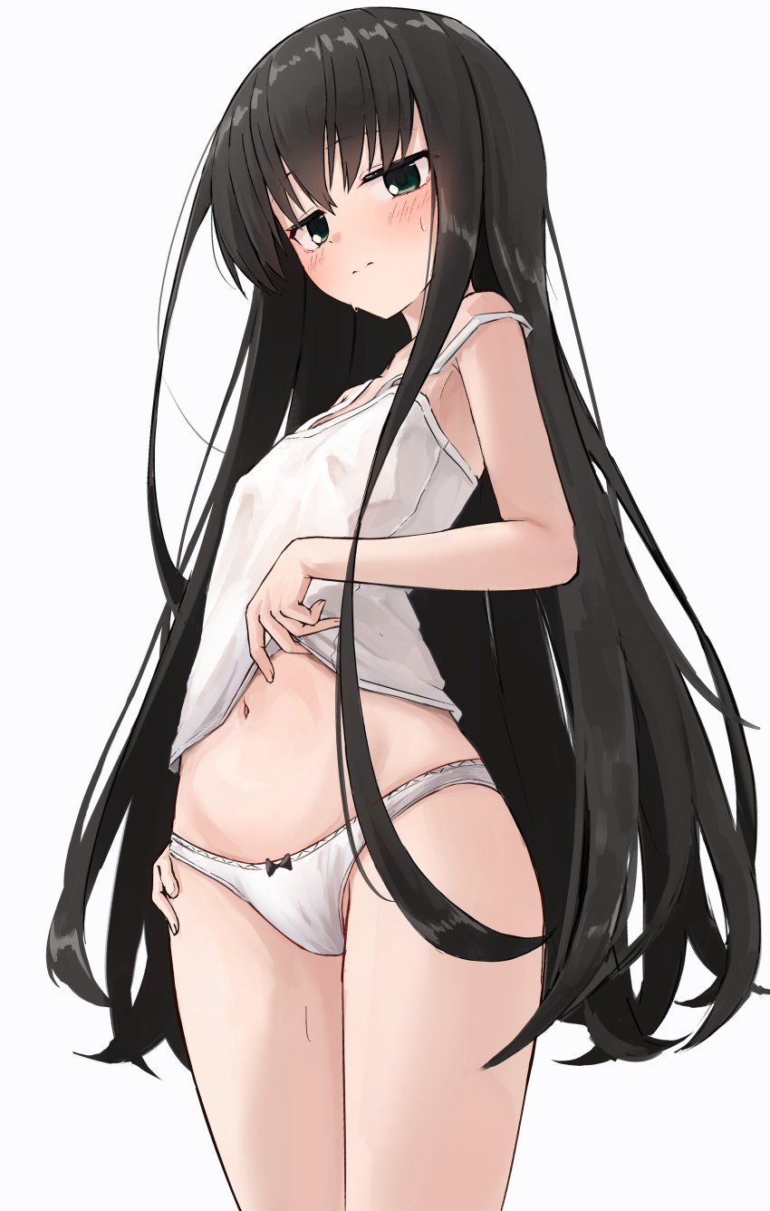 1girl 3: absurdres bare_shoulders black_bow black_hair blush bow bow_panties breasts camisole camisole_pull closed_mouth clothes_pull commentary covered_erect_nipples cowboy_shot green_eyes hair_between_eyes highres long_hair looking_at_viewer natsume_ai navel panties pulling_own_clothes sakura_no_toki sakura_no_uta shy sidelocks simple_background small_breasts solo spaghetti_strap split_mouth straight_hair strap_slip sweatdrop takoyaki032002 thighs underwear very_long_hair white_background white_camisole white_panties