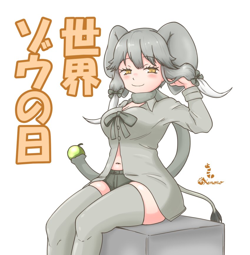 1girl absurdres african_forest_elephant_(kemono_friends) animal_ears blush bow elephant_ears elephant_girl elephant_tail green_shorts grey_hair grey_scarf grey_shirt grey_thighhighs hair_bow hand_in_own_hair highres kemono_friends long_sleeves looking_at_viewer midriff_peek multicolored_hair navel nokemono-san_(bocchi_friend) scarf shirt short_shorts shorts sitting smile solo thighhighs translation_request twintails white_hair yellow_eyes