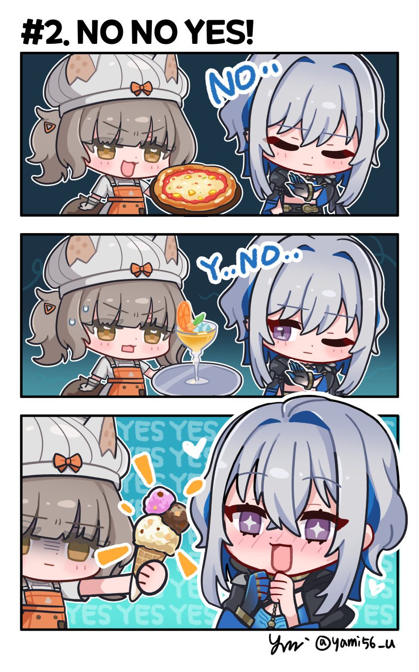 +_+ 2girls absurdres apron blue_hair blush brown_hair brown_tail closed_eyes commentary cup drakeposting_(meme) drinking_glass english_commentary english_text food galbrena_(wuthering_waves) grey_hair grey_hat hair_ornament hands_up hat hat_with_ears highres holding holding_food holding_ice_cream_cone holding_pizza ice_cream_cone looking_at_another margherita_(wuthering_waves) medium_hair meme multiple_girls one_eye_closed open_mouth out_of_character pizza purple_eyes smile tail wuthering_waves yami_(yami56_u) yellow_eyes