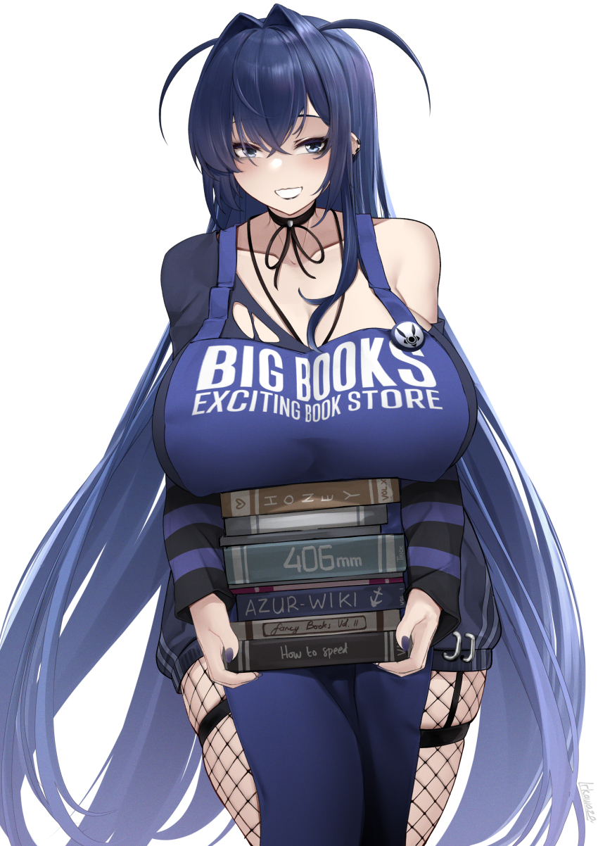1girl absurdres alternate_costume apron azur_lane blue_eyes blue_hair book book_stack choker cowboy_shot derivative_work fishnet_pantyhose fishnets highres holding holding_book irkawaza long_hair new_jersey_(azur_lane) pantyhose simple_background single_bare_shoulder very_long_hair village_vanguard white_background