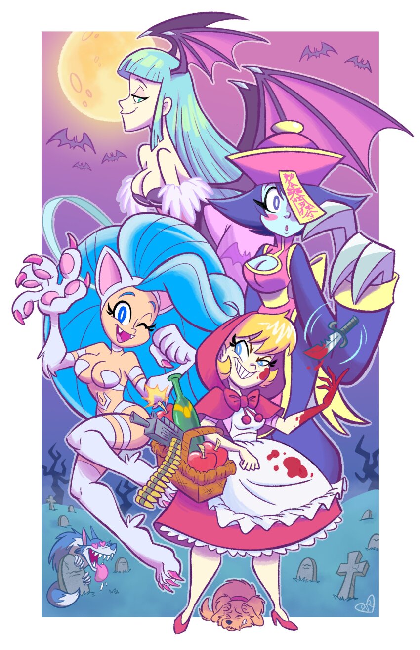 1boy 4girls absurdres animal_ears animal_print b.b._hood bare_shoulders basket bat_(animal) bat_print bat_wings black_leotard blonde_hair blood blue_eyes blue_hair breasts capcom cat_ears cat_girl cat_paws chinese_clothes cleavage darkstalkers demon_girl dog dress fangs felicia_(darkstalkers) full_moon graveyard green_eyes green_hair grin hat head_wings heart heart-shaped_eyes high_heels highres hood hsien-ko jiangshi jon_talbain knife large_breasts leotard long_hair moon morrigan_aensland multiple_girls night one_eye_closed outdoors pantyhose purple_hair purple_pantyhose red_footwear smile sourplumwine teeth tombstone wings