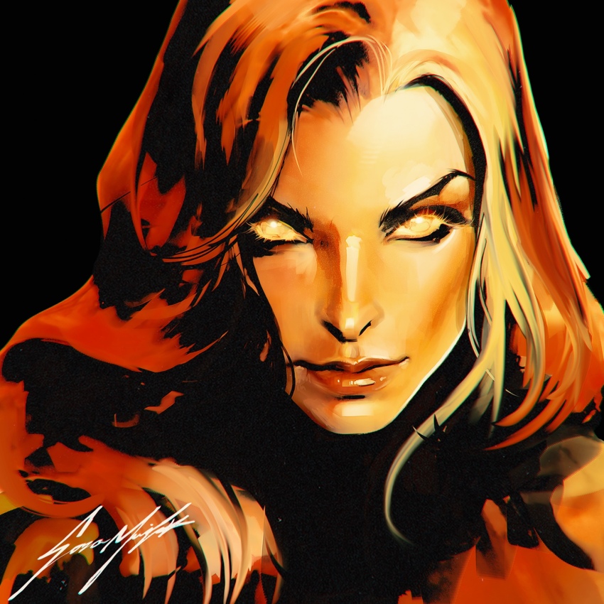 1girl artist_name black_background closed_mouth commentary commission english_commentary glowing glowing_eyes highres jean_grey long_hair looking_at_viewer marvel simple_background solo sozomaika upper_body x-men