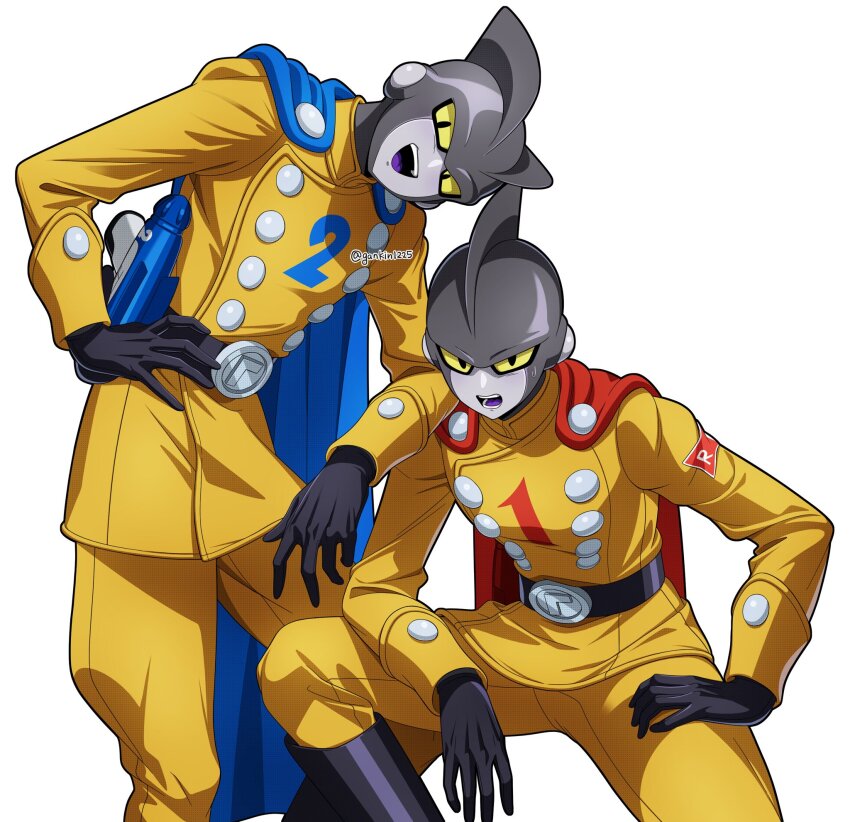 android arm_on_another&#039;s_shoulder artist_name black_footwear blue_cape boots brothers cape colored_sclera colored_skin dragon_ball dragon_ball_super dragon_ball_super_super_hero energy_gun fins gamma_1 gamma_2 grey_skin head_fins highres jacket looking_at_viewer mine1225 pants red_cape siblings simple_background weapon white_background yellow_jacket yellow_pants yellow_sclera