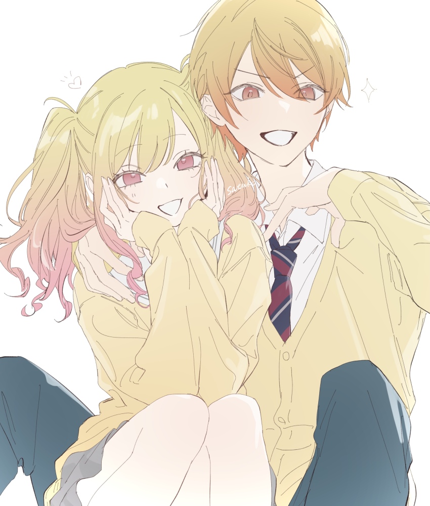 1boy 1girl :d absurdres blonde_hair blue_pants brother_and_sister cardigan collared_shirt commentary_request denim double-parted_bangs eyes_visible_through_hair feet_out_of_frame gradient_hair grey_skirt grin hair_between_eyes hand_on_another&#039;s_shoulder hand_on_own_chest hands_on_own_cheeks hands_on_own_face hands_up heart highres jeans kamiyama_high_school_uniform_(project_sekai) knees_up long_hair long_sleeves looking_at_viewer miniskirt miyamasuzaka_girls&#039;_academy_school_uniform multicolored_hair open_mouth orange_hair pale_skin pants pink_eyes pink_hair project_sekai puffy_long_sleeves puffy_sleeves raised_eyebrows red_eyes sa_tsuko sailor_collar school_uniform shirt short_hair siblings simple_background sitting skirt sleeves_past_wrists smile sparkle tenma_saki tenma_tsukasa twintails two-tone_hair v-shaped_eyebrows wavy_hair white_background white_shirt yellow_cardigan yellow_sailor_collar