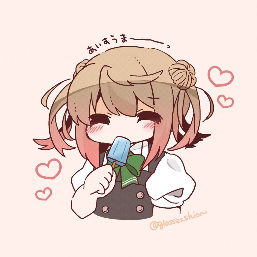1girl =_= alternate_sleeve_length bloom2425 bow bowtie brown_hair closed_eyes commentary_request dress facing_viewer food green_bow green_bowtie highres kantai_collection medium_hair michishio_(kancolle) michishio_kai_ni_(kancolle) pinafore_dress pink_background popsicle simple_background sleeveless sleeveless_dress solo