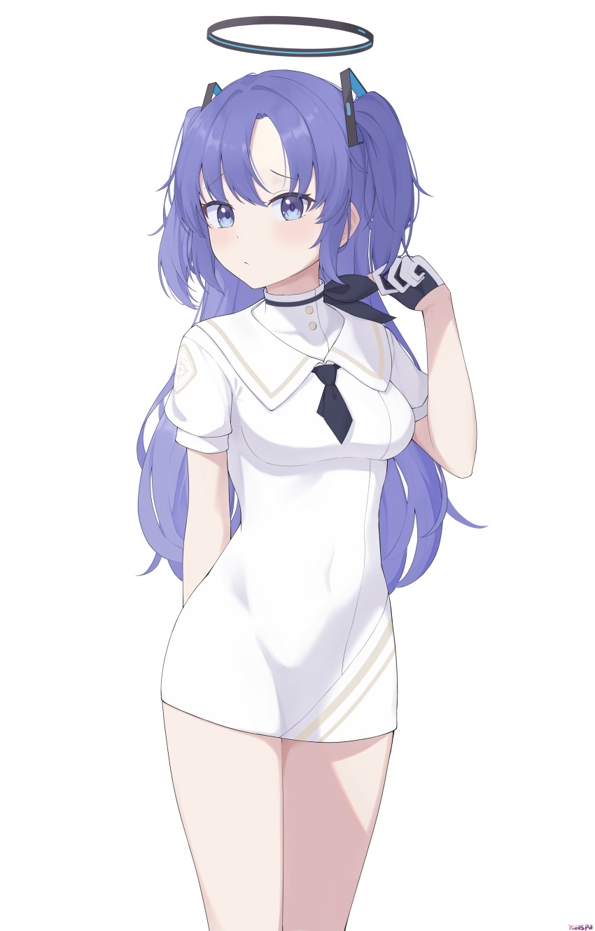 1girl absurdres adjusting_hair alternate_costume black_gloves black_halo black_necktie blue_archive blush breasts commentary covered_navel cowboy_shot dress english_commentary gloves hair_between_eyes halo highres impossible_clothes impossible_dress kuaspa long_hair looking_at_viewer medium_breasts necktie pout purple_eyes purple_hair sailor_dress short_dress short_necktie short_sleeves simple_background solo standing thighs two-tone_gloves two_side_up utnapishtim_operator_uniform_(blue_archive) white_background white_dress white_gloves yuuka_(blue_archive)