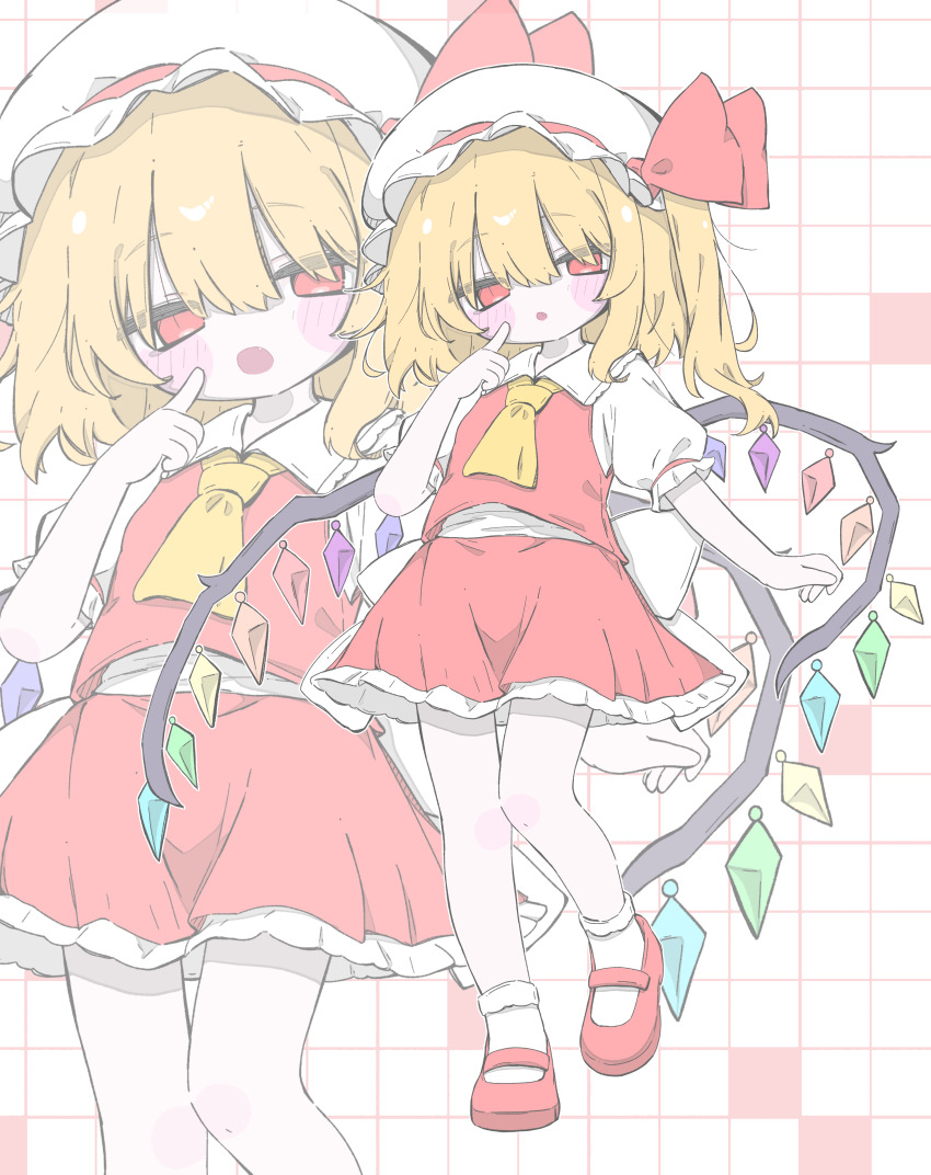1girl absurdres ascot blonde_hair blush bow crystal crystal_wings flandre_scarlet frills full_body hat hat_ribbon highres looking_at_viewer mary_janes mob_cap multiple_views one_side_up open_mouth puffy_short_sleeves puffy_sleeves red_eyes red_skirt red_vest ribbon shirt shoes short_hair short_sleeves side_ponytail skirt skirt_set smile solo touhou vest wa_(user_xpzf8737) white_shirt wings yellow_ascot