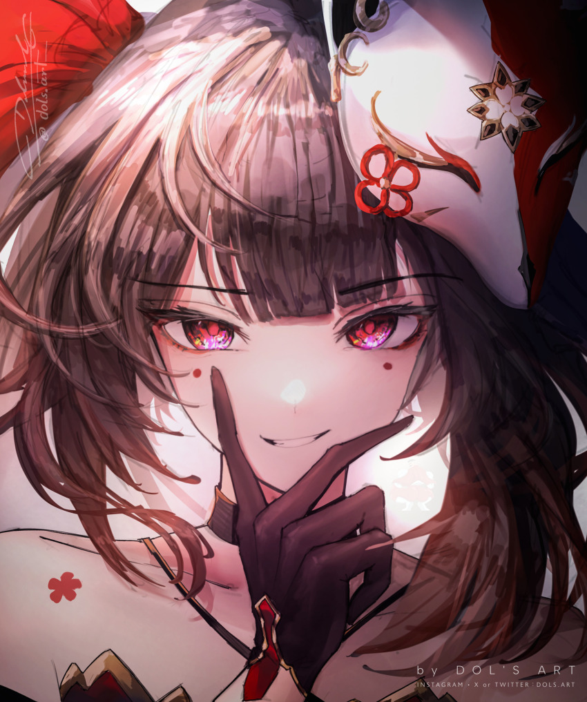 1girl absurdres artist_name bare_shoulders black_choker black_gloves brown_hair choker commentary dols_art english_commentary flower_tattoo fox_mask gloves grin hand_on_own_chin hand_up highres honkai:_star_rail honkai_(series) long_hair looking_at_viewer mark_under_both_eyes mask mask_on_head pink_eyes portrait signature simple_background smile solo sparkle_(honkai:_star_rail) tattoo