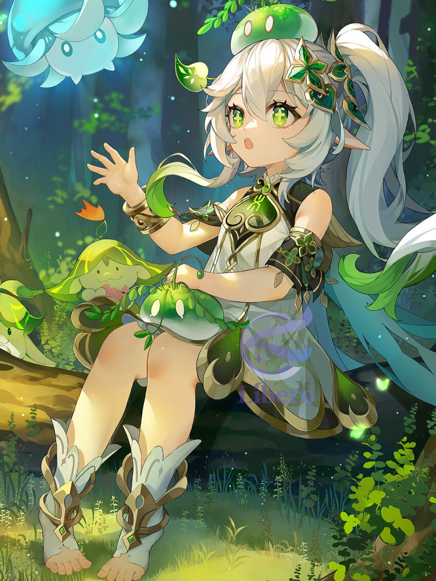 1girl :o aranara_(genshin_impact) bare_shoulders commentary cross-shaped_pupils day dendro_slime_(genshin_impact) detached_sleeves dress english_commentary forest fungi_(genshin_impact) genshin_impact gold_trim gradient_hair green_eyes green_hair green_sleeves hair_between_eyes hair_ornament hand_up highres leaf_hair_ornament libero_art long_hair multicolored_hair nahida_(genshin_impact) nature open_mouth outdoors pointy_ears side_ponytail sleeveless sleeveless_dress slime_(genshin_impact) solo stirrup_legwear symbol-shaped_pupils toeless_legwear toes watermark white_dress white_hair
