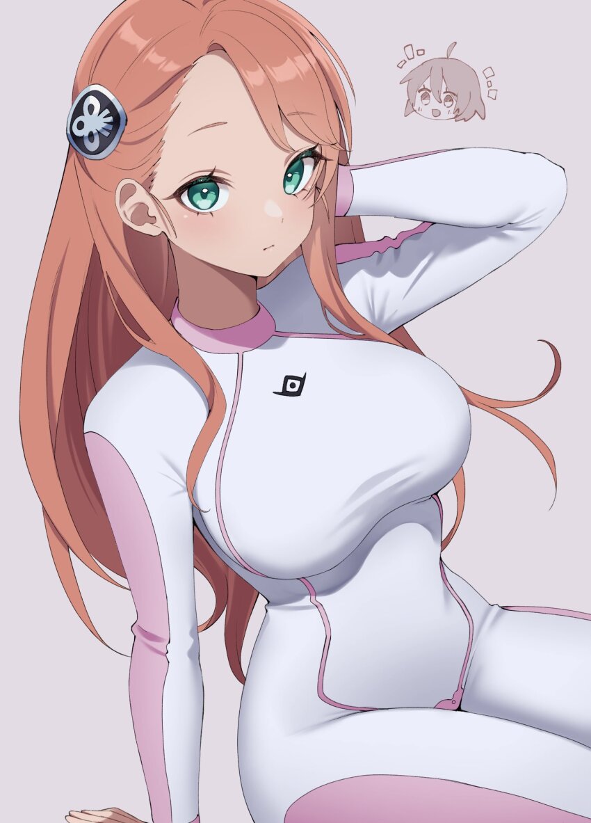 1girl aida_rayhunton bellri_zenam bodysuit breasts campbell_xx chibi chibi_inset closed_mouth gradient_background green_eyes grey_background gundam gundam_g_no_reconguista hair_ornament hairpods highres large_breasts long_hair looking_at_viewer orange_hair pilot_suit pink_hair simple_background skin_tight smile solo white_background white_bodysuit