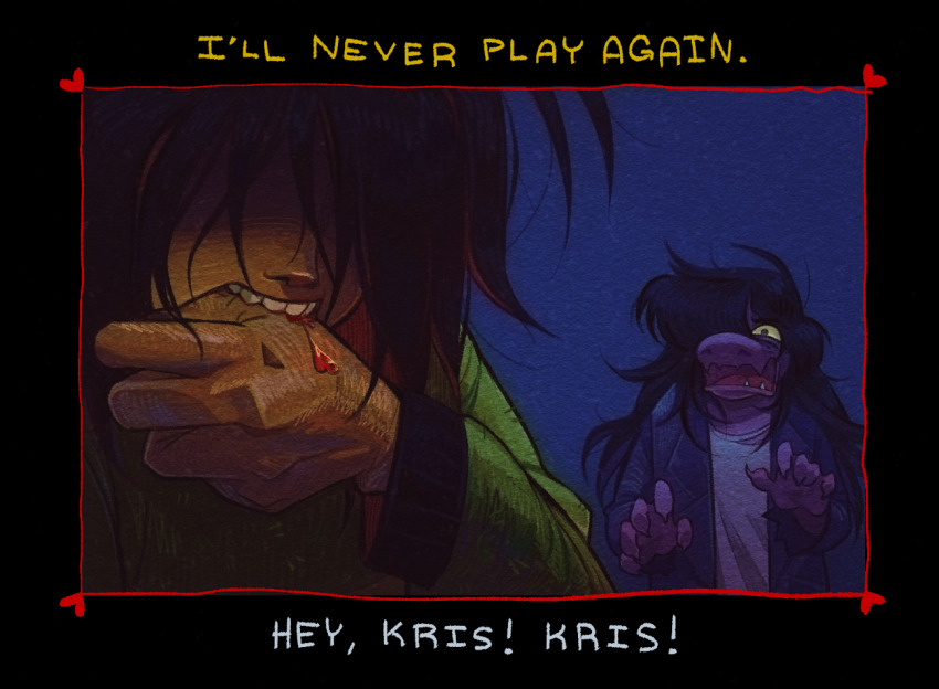 1girl 1other biting biting_own_thumb blood citrus-sours colored_skin deltarune english_text furry furry_female kris_(deltarune) long_hair nose purple_skin reptile_girl self-harm sharp_teeth shirt susie_(deltarune) teeth