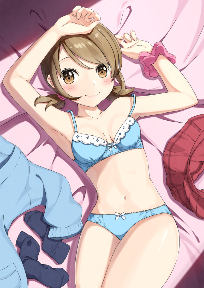 absurdres blue_bra blue_panties bra breasts brown_eyes brown_hair commission highres lass_(pokemon) light_blush looking_at_viewer low_twintails lying medium_breasts navel negimiso1989 nintendo on_back panties pixiv_commission pokemon pokemon_oras short_twintails skirt smile socks stomach sweater twintails underwear underwear_only unworn_skirt unworn_socks unworn_sweater variant_set