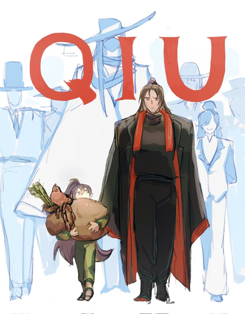 2boys aged_down bird black_eyes black_hanfu blue_eyes chicken chinese_clothes english_text food full_body green_hanfu green_sandals hair_tie hanfu heterochromia high_ponytail highres holding holding_sack hong_lu_(project_moon) jacket jacket_on_shoulders jia_qiu_(project_moon) leon_the_professional limbus_company linked_sausages long_hair looking_at_another multiple_boys ponytail project_moon red_scarf sack sandals scar scar_on_face scarf silhouette stole vegetable very_long_hair walking white_background yuanbuzhi zigong_(project_moon)