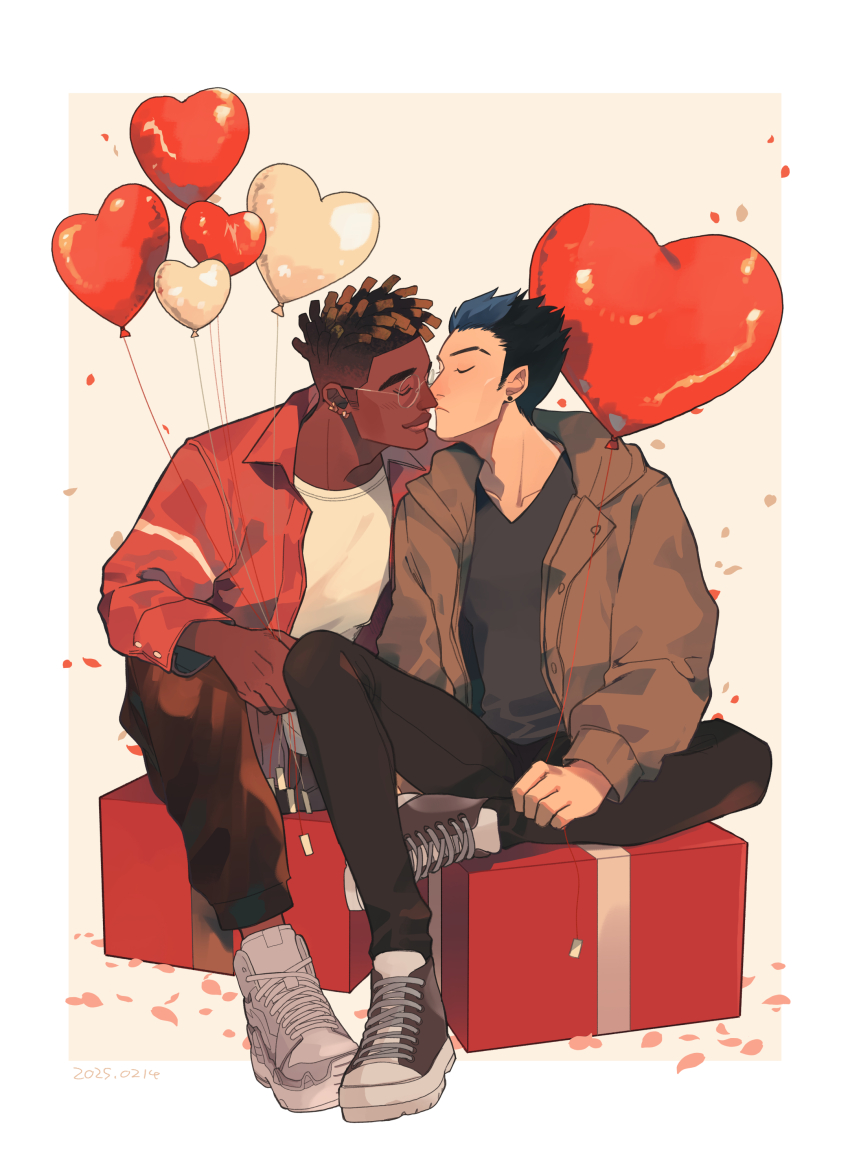 1715yorugohan 2boys absurdres arm_on_knee balloon black_hair black_pants black_shirt blue_hair border box brown_jacket closed_mouth collared_jacket converse couple crew_neck dark-skinned_male dark_skin dreadlocks earrings eyebrow_cut full_body gift gift_box glasses hand_on_own_leg heart_balloon highres imminent_kiss interracial jacket jewelry lapels long_sleeves male_focus multicolored_hair multiple_boys notched_lapels open_clothes open_jacket pants phoenix_(valorant) piercing red_jacket shirt shoelaces shoes sitting sneakers stud_earrings t-shirt v-neck valorant white_border white_shirt yaoi yoru_(valorant)