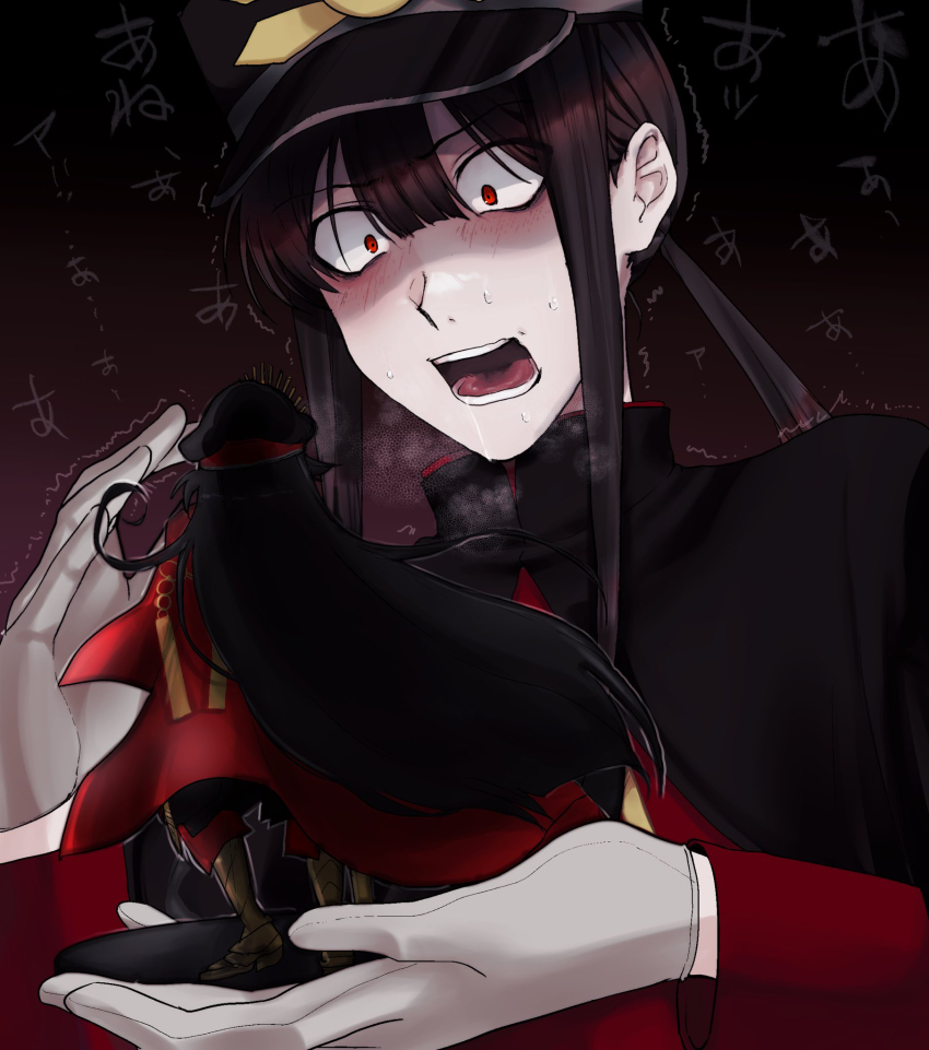 1boy 1girl armored_boots black_background black_cape black_hair black_hat blunt_bangs blush boots cape constricted_pupils drooling facing_away fate/grand_order fate_(series) furrowed_brow gloves hair_between_eyes hands_up hat heavy_breathing high_collar highres implied_incest in_palm jacket lone_nape_hair long_hair long_sleeves looking_at_another low_ponytail maeyakara000 mini_person minigirl motion_lines oda_nobukatsu_(fate) oda_nobunaga_(fate) oda_nobunaga_(koha-ace) open_mouth peaked_cap ponytail red_cape red_jacket saliva shaded_face shako_cap sidelocks sweat trembling very_long_hair wall_of_text white_gloves