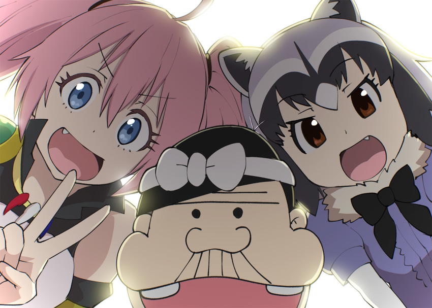 1boy 2girls :d ahoge animal_ears backlighting bakabon&#039;s_father black_hair blue_eyes brown_eyes commentary_request common_raccoon_(kemono_friends) crossover fang grey_hair kemono_friends milim_nava multicolored_hair multiple_crossover multiple_girls open_mouth pink_hair smile tensai_bakabon tensei_shitara_slime_datta_ken trait_connection ueyama_michirou v