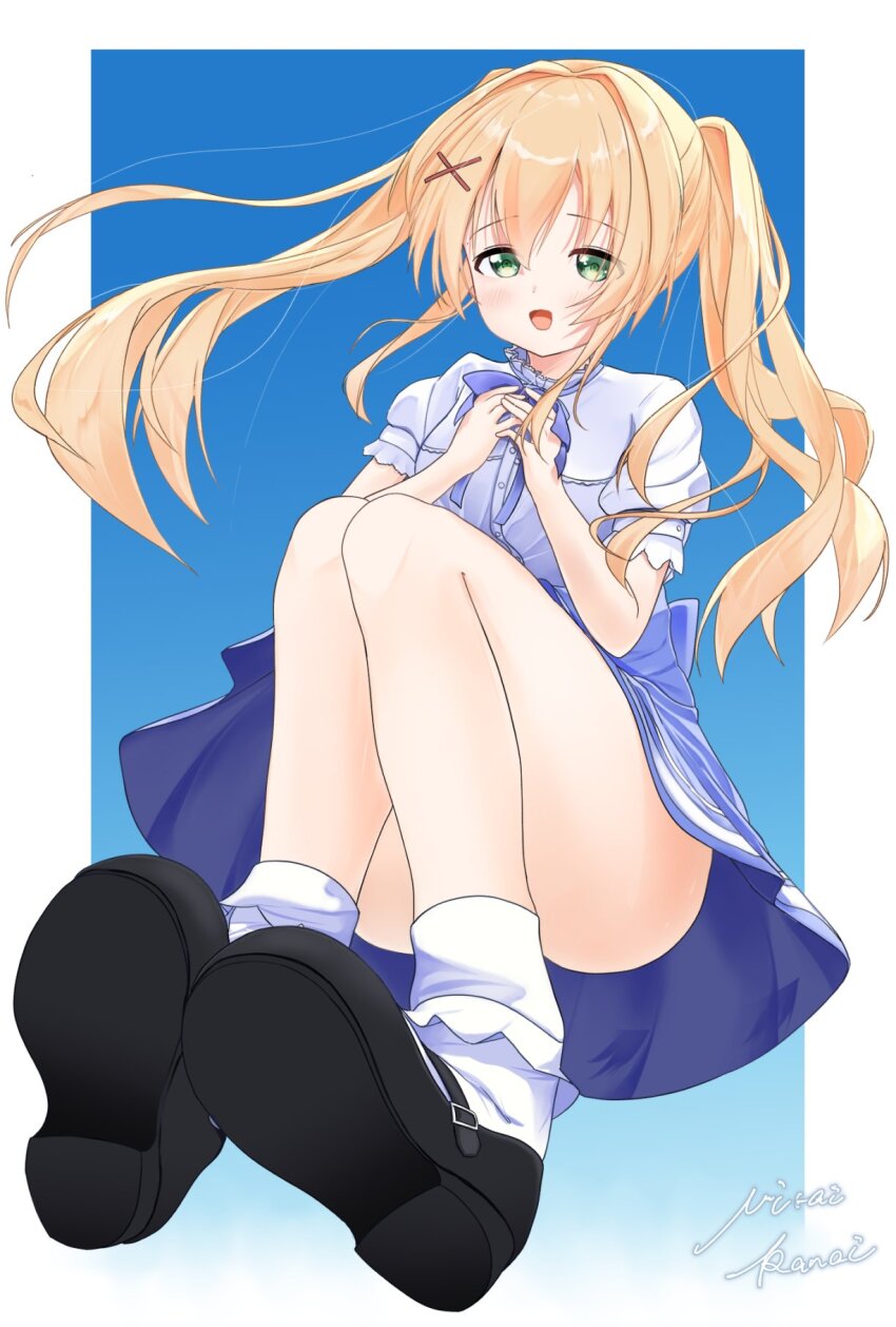 1girl :d back_bow black_shoes blonde_hair blue_background blue_bow blue_bowtie blue_skirt blush border bow bowtie convenient_leg eyes_visible_through_hair floating_hair foreshortening frilled_shirt frills full_body green_eyes hair_between_eyes hair_intakes hair_ornament hands_on_own_chest hands_up happy hashtag-only_commentary high-waist_skirt highres long_hair looking_at_viewer mary_janes miraikanai official_alternate_costume open_mouth outside_border ringed_eyes shirt shoe_soles shoes short_sleeves sidelocks signature simple_background skirt smile socks solo summer_pockets thighs tsumugi_wenders white_border white_shirt white_socks x_hair_ornament