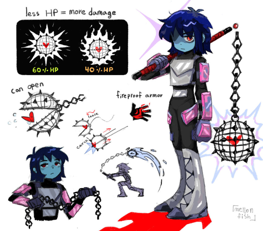 1other armor blue_skin closed_mouth colored_skin deltarune full_body gloves highres holding holding_weapon kris_(dark_world)_(deltarune) kris_(deltarune) looking_at_viewer mellonfish red_eyes simple_background soul_(deltarune) weapon