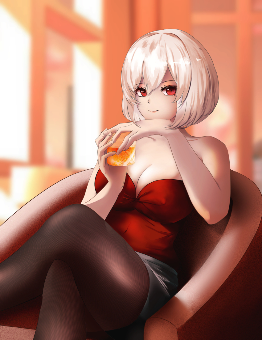 1girl alternate_costume armchair azur_lane bare_shoulders beefusteku black_pantyhose black_skirt blurry blurry_background breasts chair cleavage closed_mouth collarbone commentary crop_top crossed_legs cup english_commentary feet_out_of_frame happy_new_year highres holding holding_cup large_breasts lips looking_at_viewer new_year pantyhose red_eyes red_shirt shirt short_hair sirius_(azur_lane) sitting skirt smile solo thighs white_hair