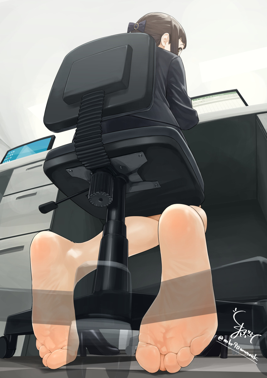 1girl absurdres barefoot brown_eyes brown_hair chair desk feet highres looking_at_viewer maburoku office_chair office_lady on_chair pov sitting soles swivel_chair toes