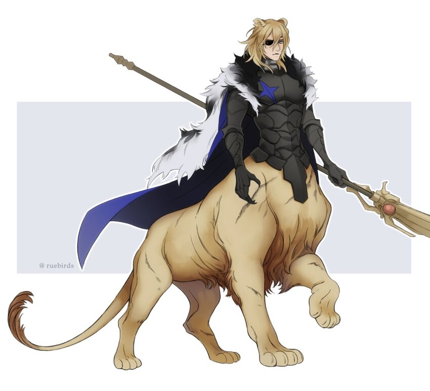 1boy animal_ears areadbhar_(fire_emblem) armor black_armor black_fur blonde_hair blue_cape blue_eyes breastplate cape centauroid closed_mouth commentary dimitri_alexandre_blaiddyd dimitri_alexandre_blaiddyd_(timeskip) english_commentary eyepatch fire_emblem fire_emblem:_three_houses frown fur_trim gauntlets hair_between_eyes holding holding_polearm holding_weapon lion_boy lion_ears lion_tail looking_to_the_side male_focus medium_hair monster_boy nintendo one_eye_covered polearm ruebird sideways_glance solo tail taur twitter_username weapon white_fur