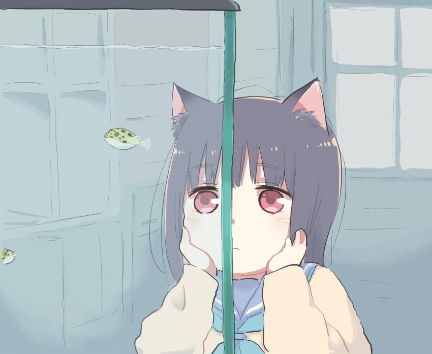 1girl animal_ears aquarium black_hair blue_neckwear cat_ears fish head_on_hand hibike!_euphonium highres indoors liz_to_aoi_tori long_sleeves lyy puffer_fish red_eyes sailor_collar school_uniform serafuku short_hair solo yoroizuka_mizore