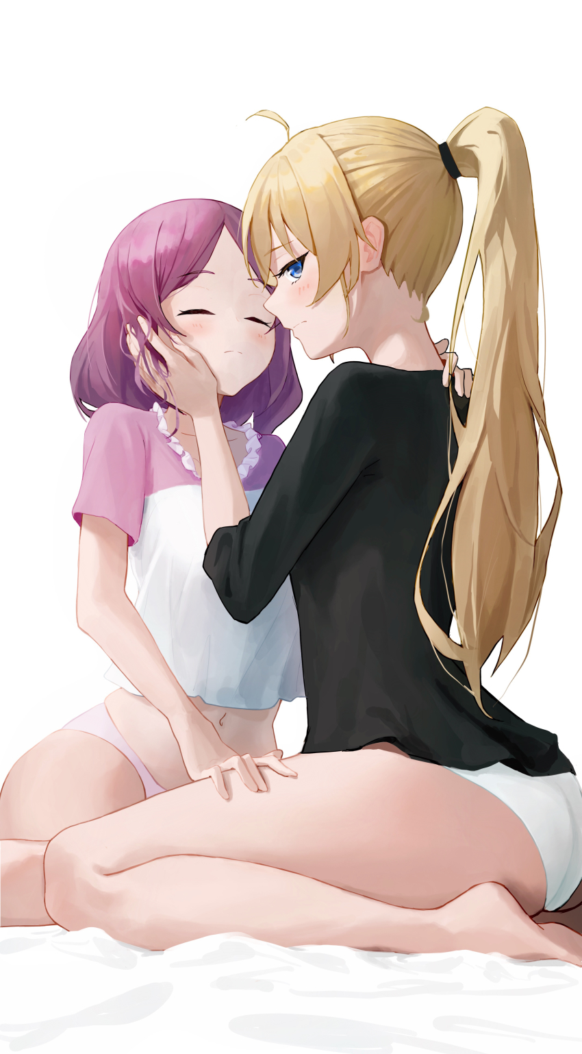 2girls absurdres bed_sheet black_shirt blonde_hair blue_eyes blush closed_eyes hand_on_another&#039;s_cheek hand_on_another&#039;s_face hand_on_another&#039;s_thigh high_ponytail highres imminent_kiss long_hair momaetoto multiple_girls navel new_game! no_pants panties ponytail purple_hair shirt short_hair sitting tooyama_rin underwear white_background white_panties yagami_kou yuri