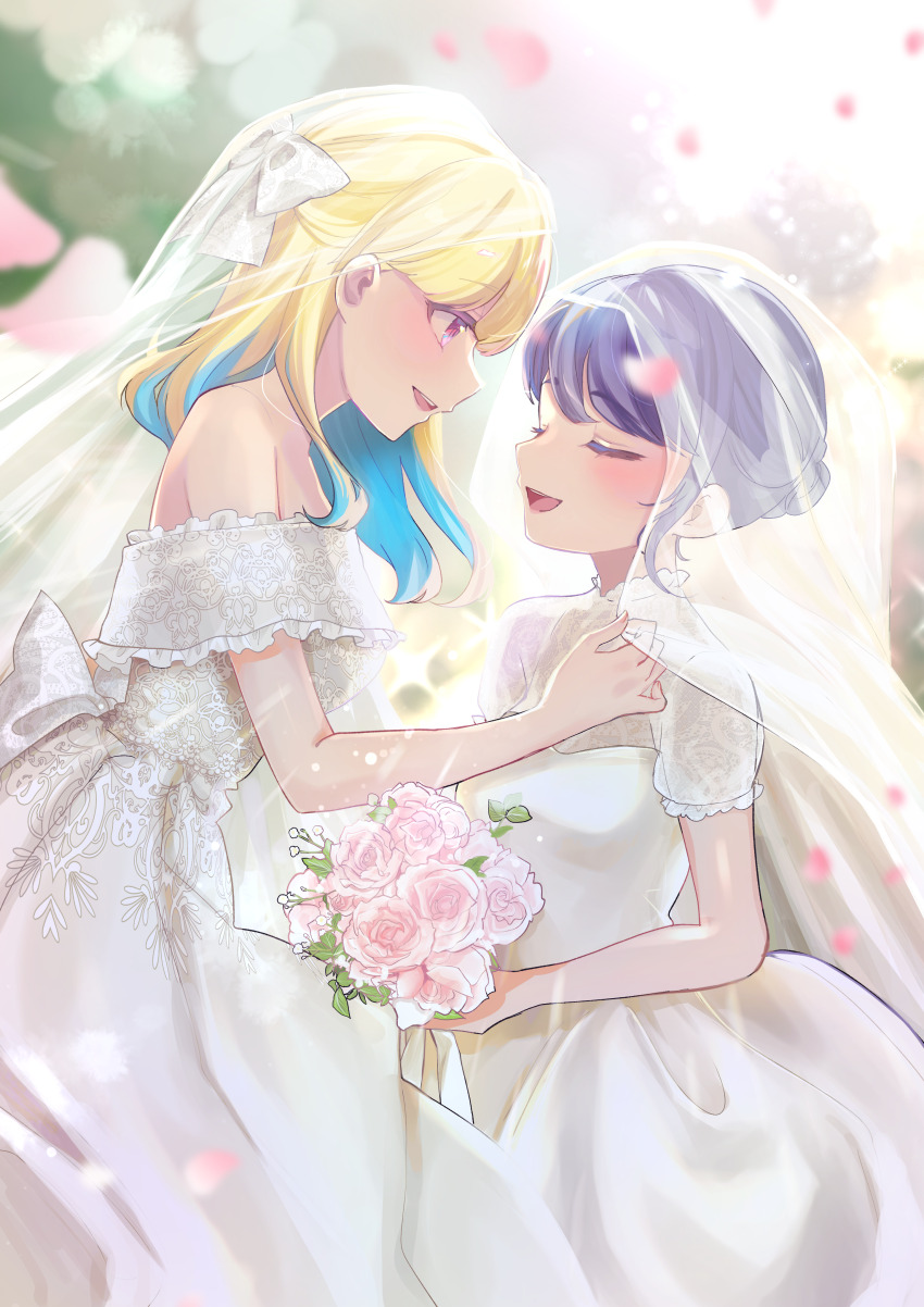2girls absurdres blonde_hair blue_hair bouquet bridal_veil bride closed_eyes colored_inner_hair commentary_request dress falling_petals female_focus flower highres holding holding_bouquet multicolored_hair multiple_girls open_mouth original outdoors petals pink_flower pink_rose purple_eyes purple_hair rose see-through_clothes see-through_veil smile veil wedding_dress wei_yong white_dress wife_and_wife yuri