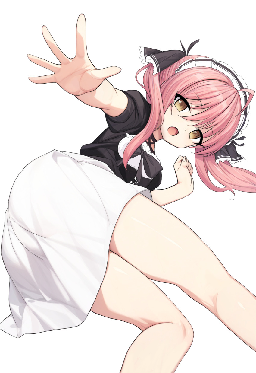 1girl ahoge akiyoshi_nekoko black_bow black_shirt bow breasts feet_out_of_frame frills ghost_villager hair_between_eyes hair_ornament hand_up koiiro_marriage legs long_hair looking_at_viewer lying maid maid_headdress miniskirt on_side open_mouth outstretched_arm outstretched_hand pink_hair shirt shirt_bow short_puffy_sleeves simple_background skirt small_breasts solo twintails white_background white_skirt yellow_eyes