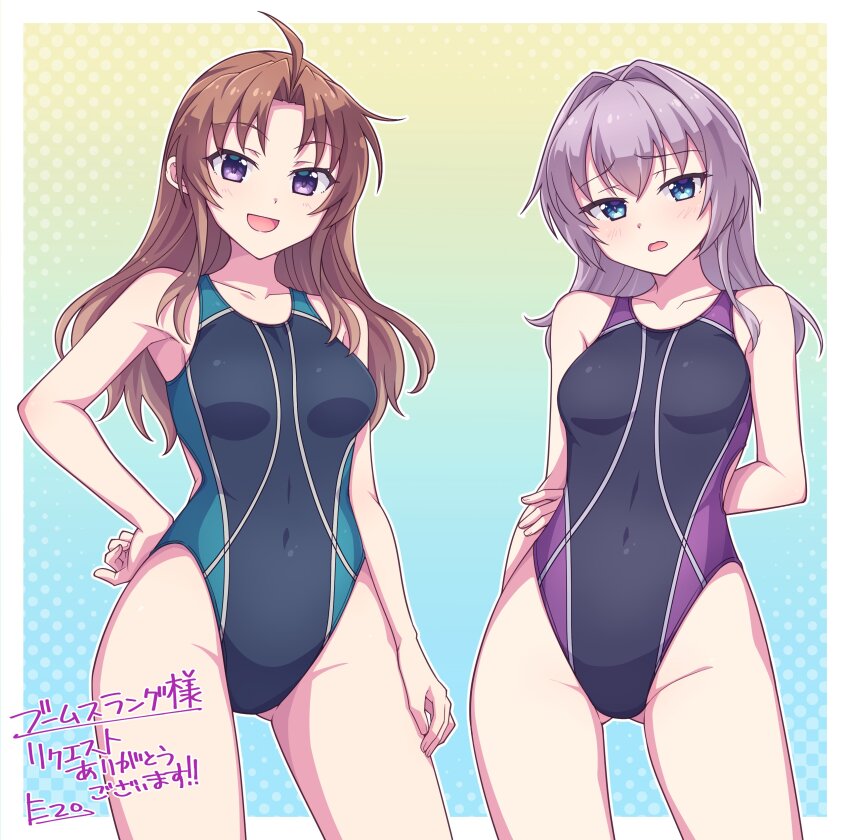 2girls :d absurdres alternate_hairstyle arm_behind_back black_one-piece_swimsuit border breasts brown_hair collarbone commentary_request commission competition_swimsuit covered_navel e20 gradient_background green_one-piece_swimsuit hair_between_eyes hair_down hair_intakes hand_on_own_hip highres kagerou_(kancolle) kantai_collection long_hair looking_at_viewer medium_breasts multiple_girls one-piece_swimsuit open_mouth outside_border parted_bangs purple_hair purple_one-piece_swimsuit second-party_source shiranui_(kancolle) skeb_commission smile swimsuit thighs tongue translation_request two-tone_one-piece_swimsuit variant_set white_border