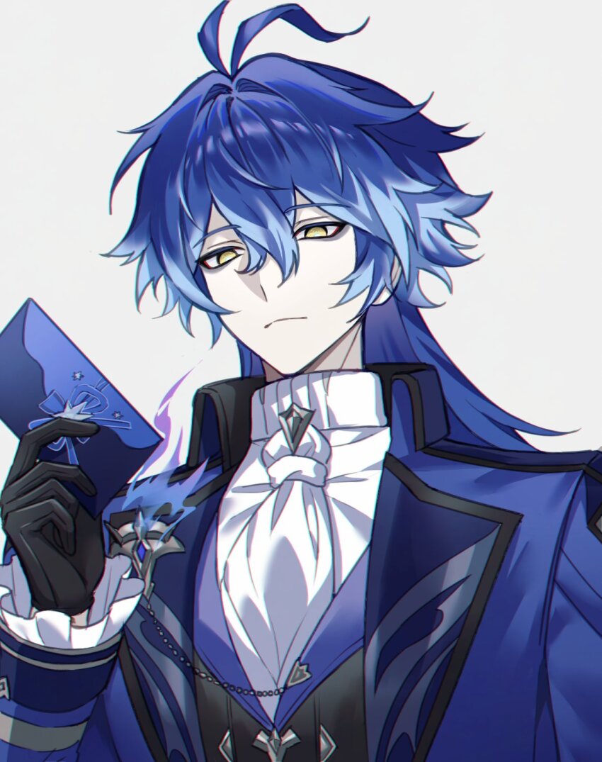 1boy antenna_hair arm_up ascot black_trim blue_hair closed_mouth collared_jacket empty_eyes flins_(genshin_fes_2026)_(genshin_impact) flins_(genshin_impact) frilled_sleeves frills frown genshin_impact gradient_hair hashtag-only_commentary highres holding jacket lapels long_hair long_sleeves male_focus multicolored_hair rio_(rio773) shirt simple_background solo vest white_ascot white_background white_shirt wing_collar yellow_eyes