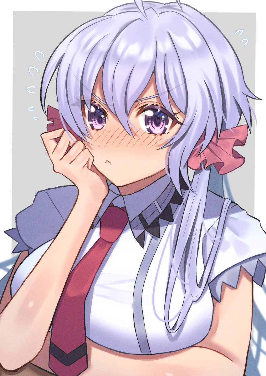 1girl absurdres ahoge hair_ornament hair_scrunchie highres kotou192 pink_scrunchie purple_eyes scrunchie senki_zesshou_symphogear twintails white_hair yukine_chris