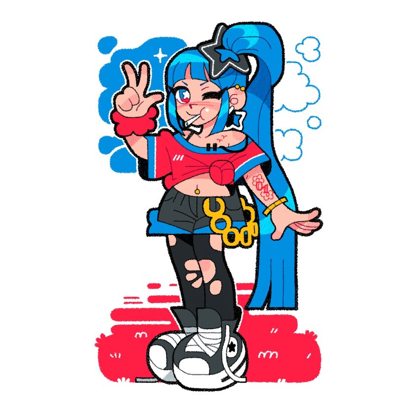 1girl black_pantyhose black_shoes black_shorts blue_eyes blue_hair bracelet bright_pupils chile closed_mouth earrings full_body hair_ornament hatsune_miku highres jewelry long_hair looking_at_viewer midriff multicolored_eyes navel_piercing off-shoulder_shirt off_shoulder outline pantyhose piercing red_eyes red_shirt scrunchie shirt shoes short_sleeves shorts single_bare_shoulder sneakers solo standing star-shaped_pupils star_(symbol) star_earrings star_hair_ornament symbol-shaped_pupils thomdrower tied_shirt torn_clothes torn_pantyhose two-tone_eyes very_long_hair vocaloid white_outline white_pupils worldwide_miku wrist_scrunchie