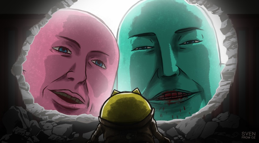 artist_name bald blood blood_from_mouth blood_on_face bloom blue_eyes blue_skin brown_jacket colored_skin half-closed_eyes inky_(pac-man) jacket open_mouth pac-man pac-man_(game) parody pink_skin pinky_(pacman) rock shaded_face shingeki_no_kyojin simple_background size_difference sven_from_oz titan_(shingeki_no_kyojin) white_background