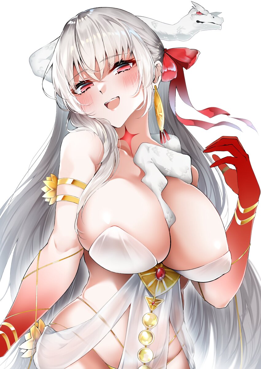 1girl absurdres armlet bare_shoulders belly_chain blush body_markings bracelet breasts cleavage collarbone colored_skin dress durga_(fate) durga_(first_ascension)_(fate) earrings fate/grand_order fate_(series) gradient_skin grey_hair hair_ribbon highres jewelry large_breasts len_(hand_linke) long_hair looking_at_viewer open_mouth pelvic_curtain red_eyes red_skin revealing_clothes ribbon sash smile snake solo thumb_ring very_long_hair white_dress