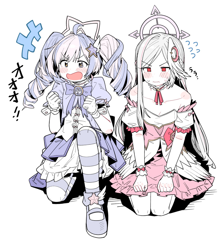 +_+ 2girls :d absurdres blue_archive blue_hair blush closed_mouth commentary crescent crescent_hair_ornament dress drill_hair full_body gloves hair_ornament halo hands_up highres long_hair looking_to_the_side multiple_girls neck_ribbon nervous notice_lines official_alternate_costume official_alternate_hairstyle open_mouth pink_dress pink_hair pink_halo pink_ribbon red_eyes reisa_(blue_archive) reisa_(magical)_(blue_archive) ribbon seiza short_sleeves simple_background sitting smile star_(symbol) star_hair_ornament suzumi_(blue_archive) suzumi_(magical)_(blue_archive) sweat twin_drills v-shaped_eyebrows wavy_mouth white_background white_dress white_gloves white_hair wujurana