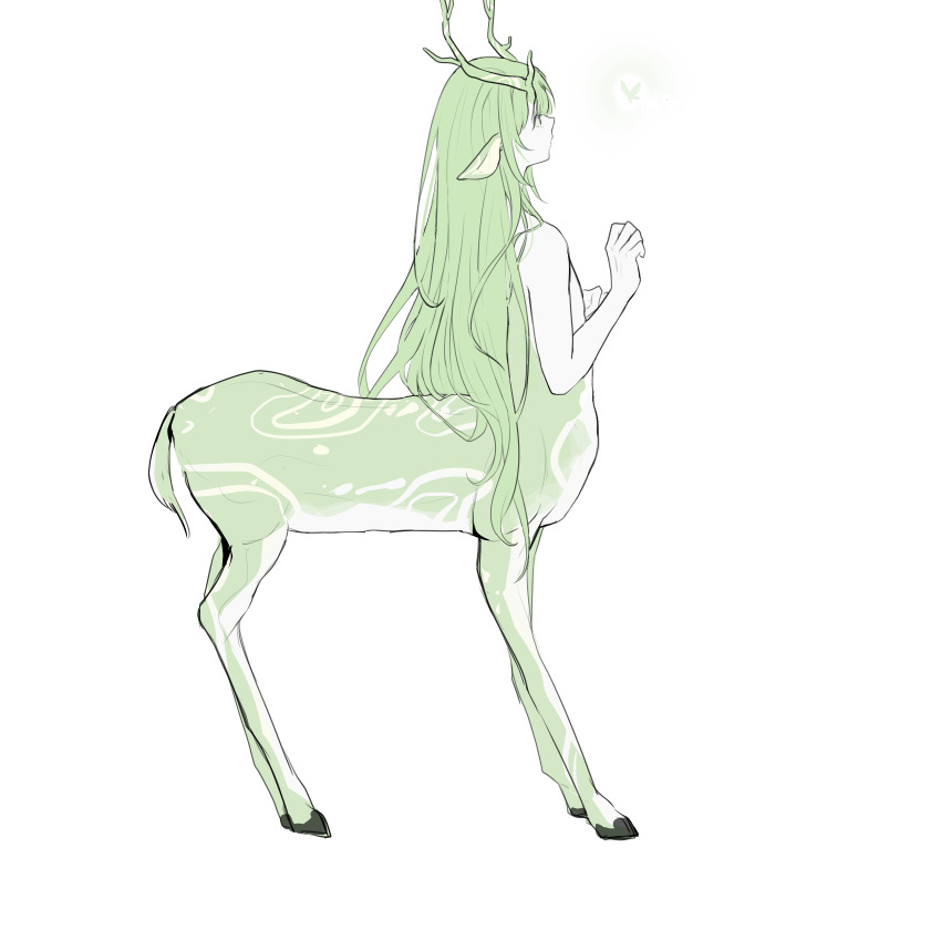 1other animal_ears antlers centauroid commentary_request deer_antlers deer_ears enkidu_(fate) fate/strange_fake fate_(series) from_side green_hair highres horns kassia korean_commentary limited_palette long_hair monsterification other_focus solo taur