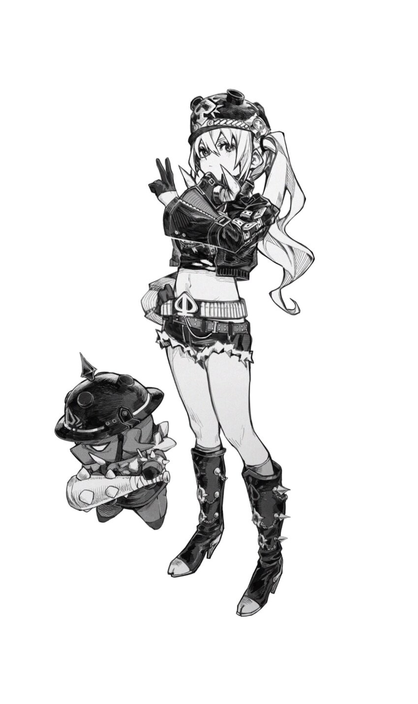 1girl boots closed_mouth full_body gloves greyscale hair_between_eyes helmet highres jacket long_hair looking_at_viewer luciana_de_montefio midriff monochrome short_shorts shorts side_ponytail sidelocks simple_background solo standing v white_background zenless_zone_zero zero808w