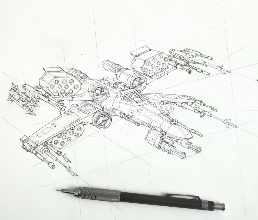 astromech_droid canopy_(aircraft) droid gatling_gun graphite_(medium) greyscale highres minigun missile_pod monochrome pencil redesign science_fiction sketch spacecraft space_gooose star_wars starfighter t-65_x-wing traditional_media vehicle_focus x-wing