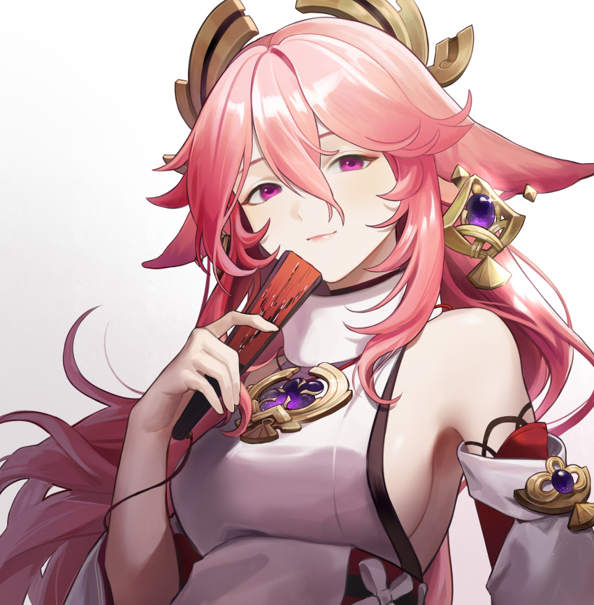 1girl absurdres bare_shoulders chi_trinh closed_mouth folding_fan genshin_impact hair_ornament hand_fan highres holding holding_fan jewelry long_hair looking_at_viewer pink_hair purple_eyes smile upper_body yae_miko