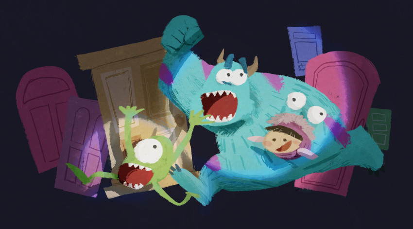 1girl 2boys arm_up arms_up black_background boo_(monsters_inc.) carrying carrying_person carrying_under_arm clenched_hand commentary_request costume cyclops door highres horns james_p._sullivan mike_wazowski monster_boy monsters_inc. multiple_boys okacheke one-eyed open_mouth running sharp_teeth spotlight teeth
