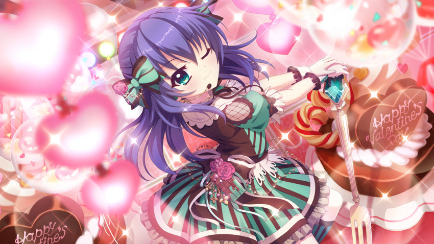 1girl aqua_eyes aqua_gemstone black_dress blue_hair blurry blurry_foreground bow bubble candy checkered_floor chocolate chocolate_bar closed_mouth doily dot_nose dress film_grain flower food fork from_above from_side game_cg gem giant_fork green_bow green_dress green_socks hair_bow happy_valentine headset heart honjou_kasumi idol idol_clothes izumi_tsubasu kneehighs lens_flare medium_hair non-web_source official_art one_eye_closed outstretched_arms oversized_food oversized_object pink_flower pink_rose pinstripe_dress pinstripe_pattern pinstripe_skirt purple_flower purple_rose re:stage! rose short_sleeves smile socks solo sparkle stage stage_lights striped_clothes striped_socks two-tone_dress valentine vertical-striped_clothes vertical-striped_socks white_wrist_cuffs wrist_cuffs